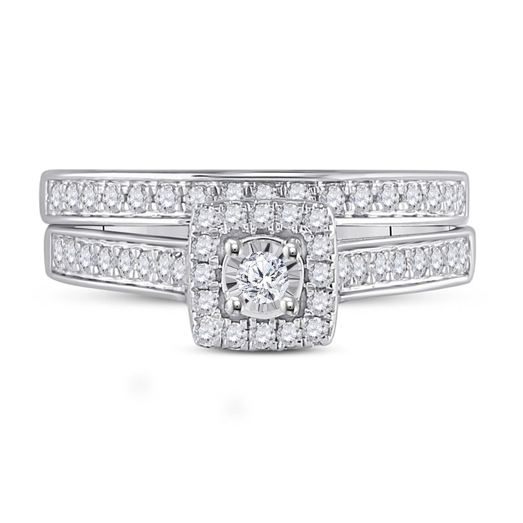 14k White Gold Round Diamond Halo Bridal Wedding Ring Set 1/2 Cttw