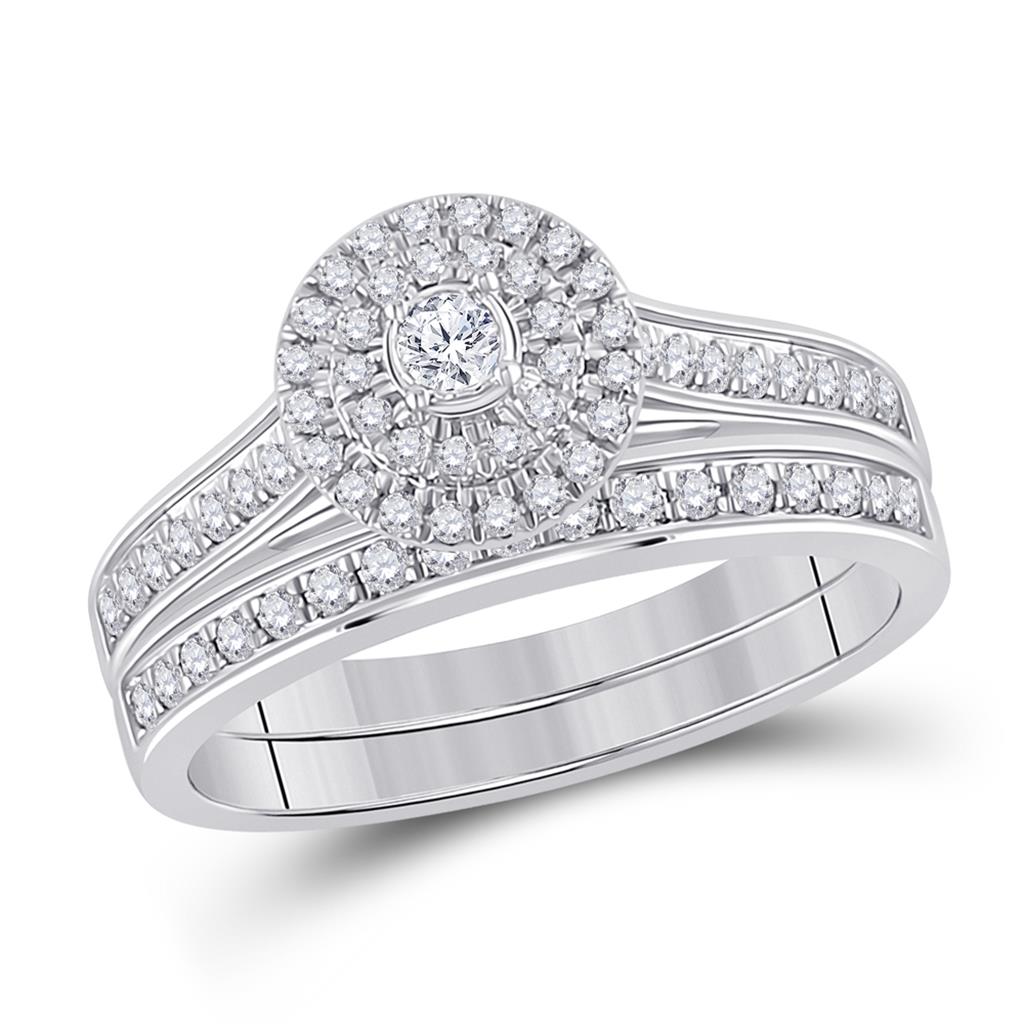 14k White Gold Round Diamond Halo Bridal Wedding Ring Set 1/2 Cttw