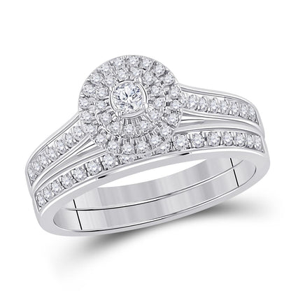 14k White Gold Round Diamond Halo Bridal Wedding Ring Set 1/2 Cttw