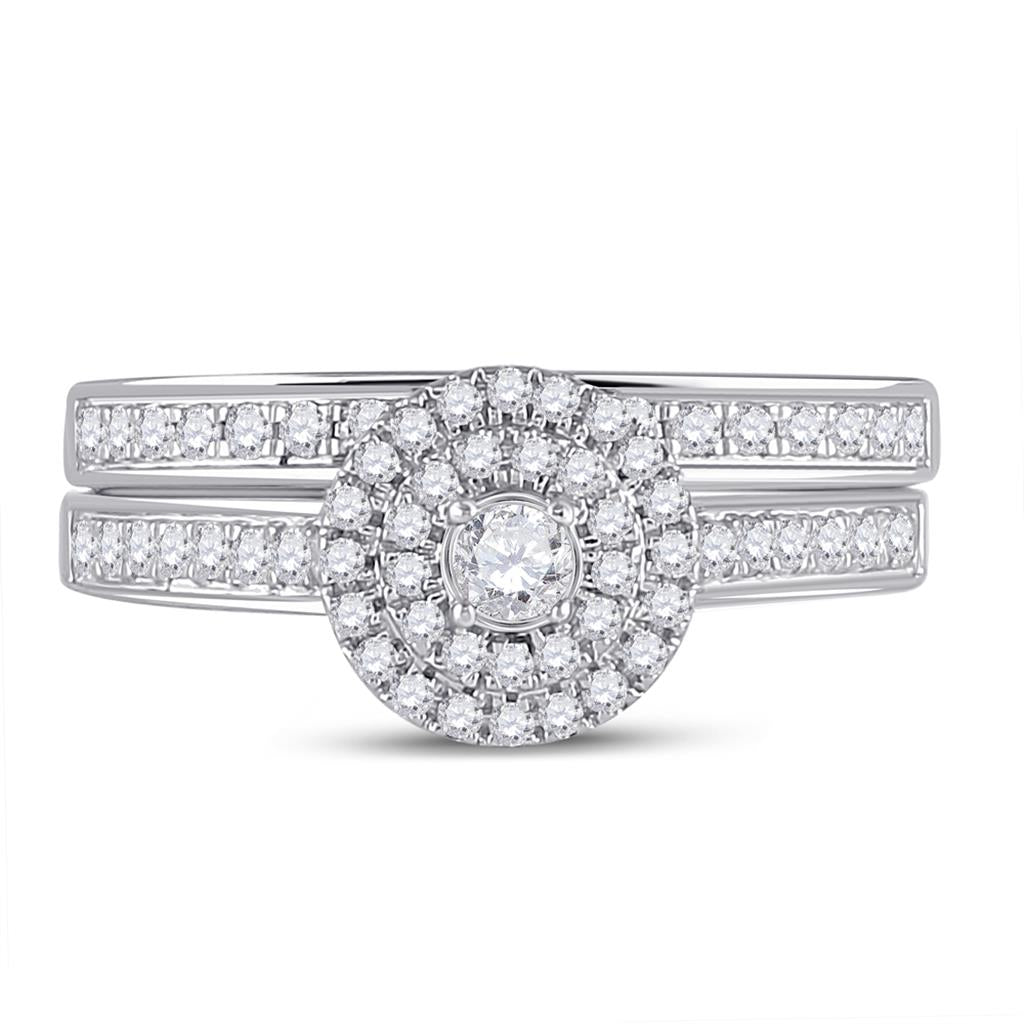 14k White Gold Round Diamond Halo Bridal Wedding Ring Set 1/2 Cttw