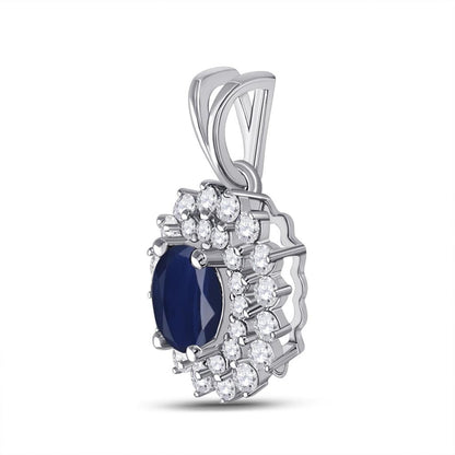 14k White Gold Oval Blue Sapphire Diamond Halo Pendant 3/4 Cttw
