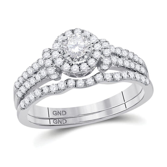 14k White Gold Round Diamond Halo Bridal Wedding Ring Set 5/8 Cttw