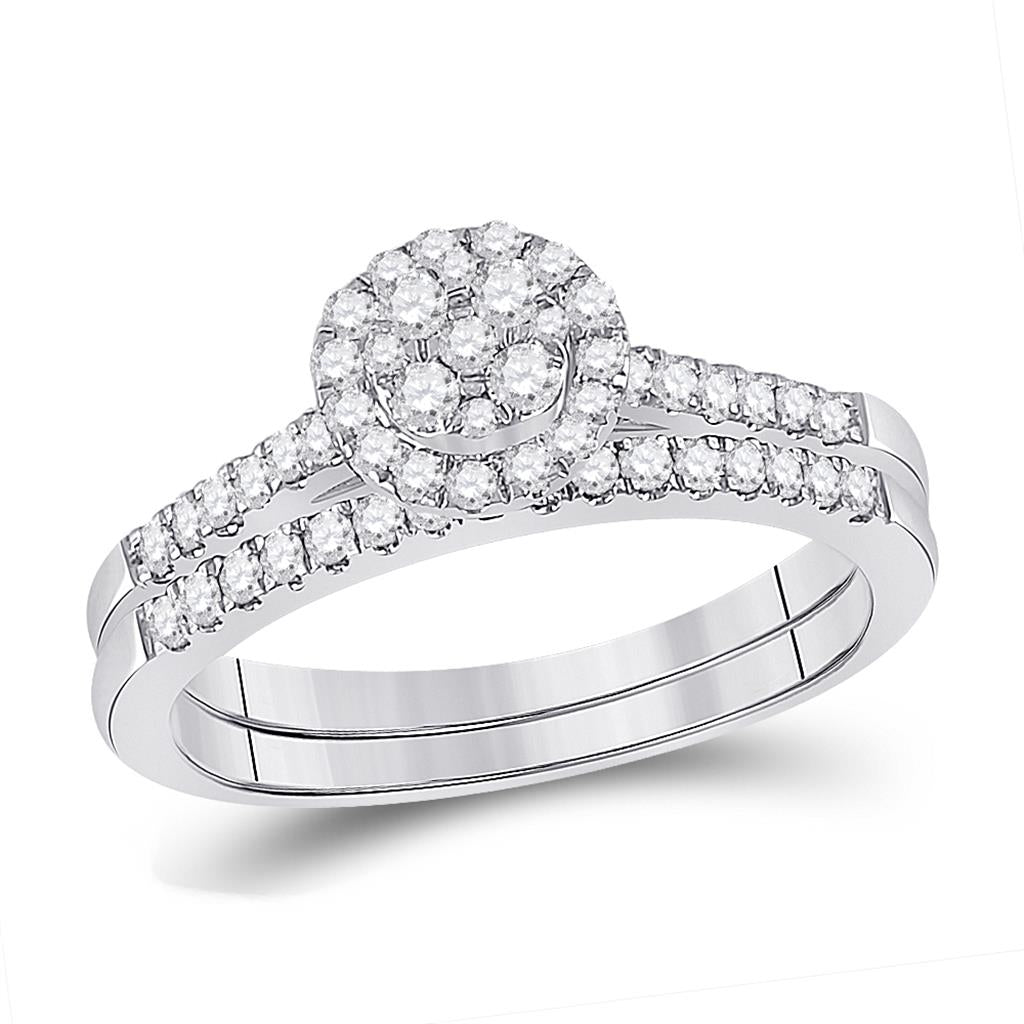 14k White Gold Round Diamond Cluster Bridal Wedding Ring Set 1/2 Cttw