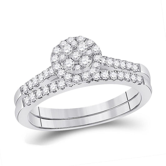 14k White Gold Round Diamond Cluster Bridal Wedding Ring Set 1/2 Cttw
