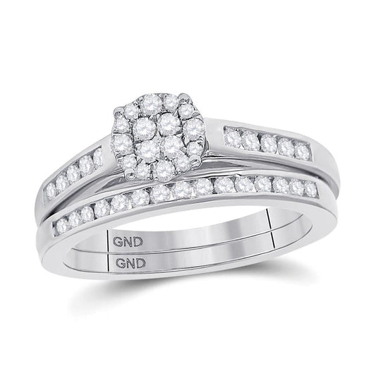 14k White Gold Round Diamond Cluster Bridal Wedding Ring Set 1/2 Cttw