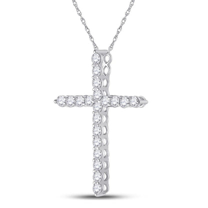 14k White Gold Round Diamond Cross Pendant 1-1/2 Cttw