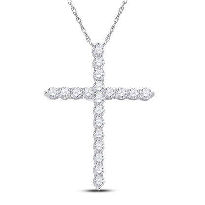 14k White Gold Round Diamond Cross Pendant 1 Cttw