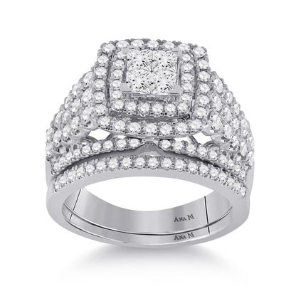 14k White Gold Princess Diamond Bridal Wedding Ring Set 1-3/4 Cttw