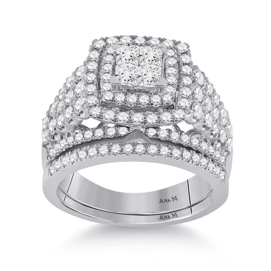 14k White Gold Princess Diamond Bridal Wedding Ring Set 1-3/4 Cttw