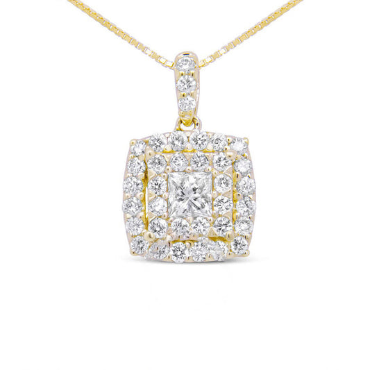 Original Haus of Brilliance 14K Yellow Gold 1/2 Cttw Round and Princess-Cut Diamond Double Halo 18" Pendant Necklace (H-I Color, SI2-I1 Clarity)