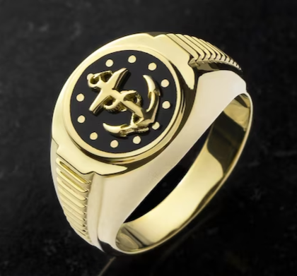 Black Onyx with Anchor Design Men's Ring in 10K Yellow Gold