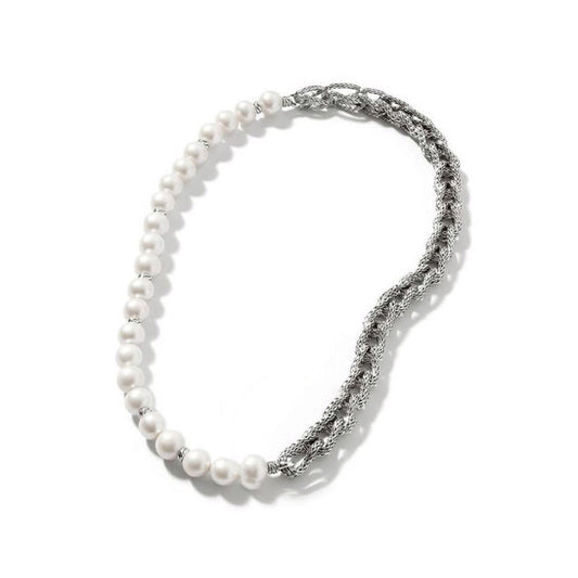 Original John Hardy Asli Classic Silver Chain Link and Pearl Necklace - NB900797X18