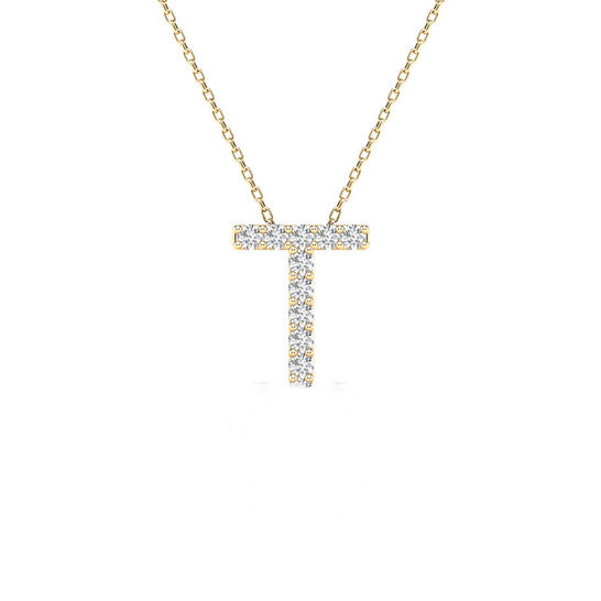 Original Maulijewels 0.10 Carat Natural Diamond Initial " T " Necklace Pendant In 14K Yellow Gold With 18" Cable Chain