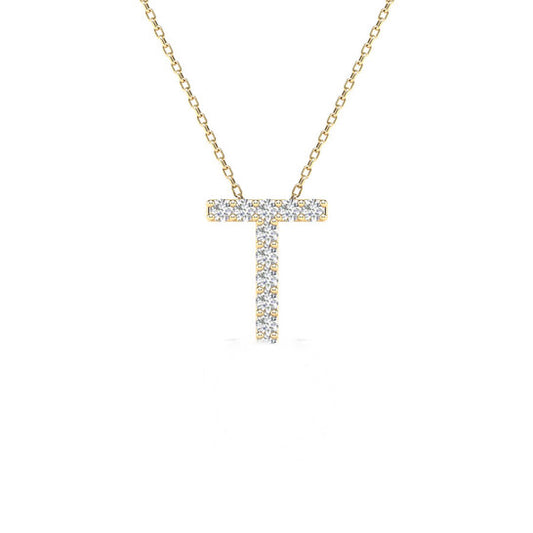 Original Maulijewels 0.10 Carat Natural Diamond Initial " T " Necklace Pendant In 14K Yellow Gold With 18" Cable Chain