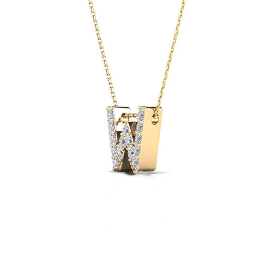 Original Maulijewels 0.15 Carat Natural Diamond Initial " W " Pendant Necklace In 14K Yellow Gold With 18" Cable Chain