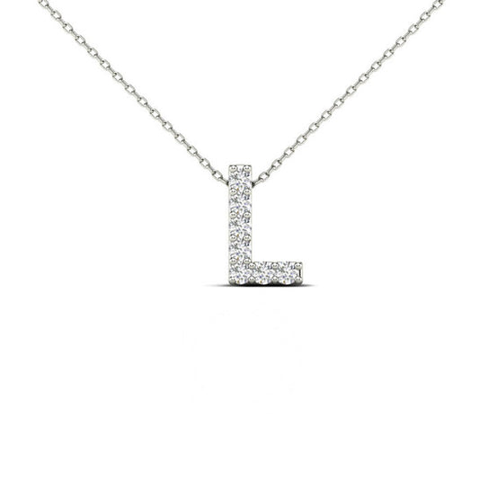 Original Maulijewels 14K White Gold 0.07 Ct Natural Prong Set Diamond Initial " L " Necklace Pendant With 18" Gold Cable Chain