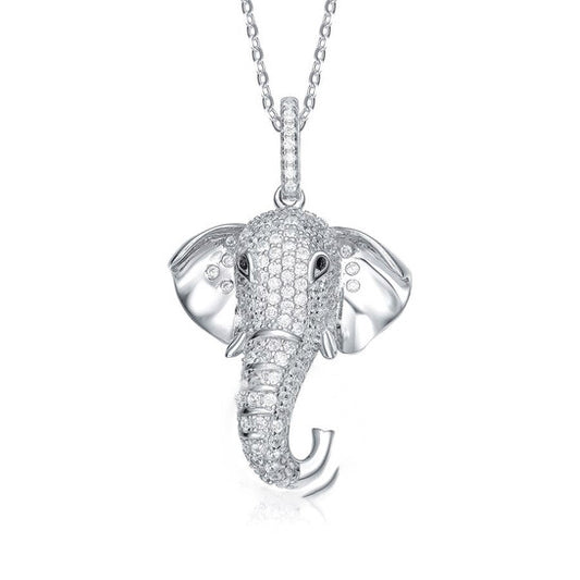 Original Megan Walford Rhodium-Plated with Cubic ZIrconia Iced Out Lucky Elephant Head Pendant Necklace in Sterling Silver