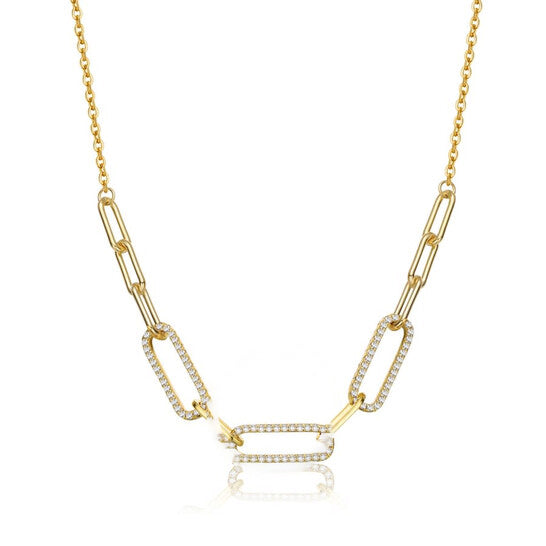 Original Megan Walford Sterling Silver 14k Yellow Gold Plated with Cubic Zirconia Elongated Cable Link Chain Necklace