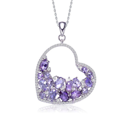 Original Megan Walford Sterling Silver with Rhodium Plated Purple Oval with Clear Round Cubic Zirconia Open Heart Necklace