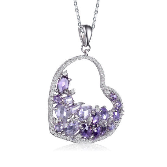 Original Megan Walford Sterling Silver with Rhodium Plated Purple Oval with Clear Round Cubic Zirconia Open Heart Necklace