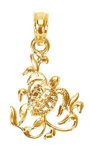 14K Yellow Gold Textured Mini Sea Turtle And Kelp Charm