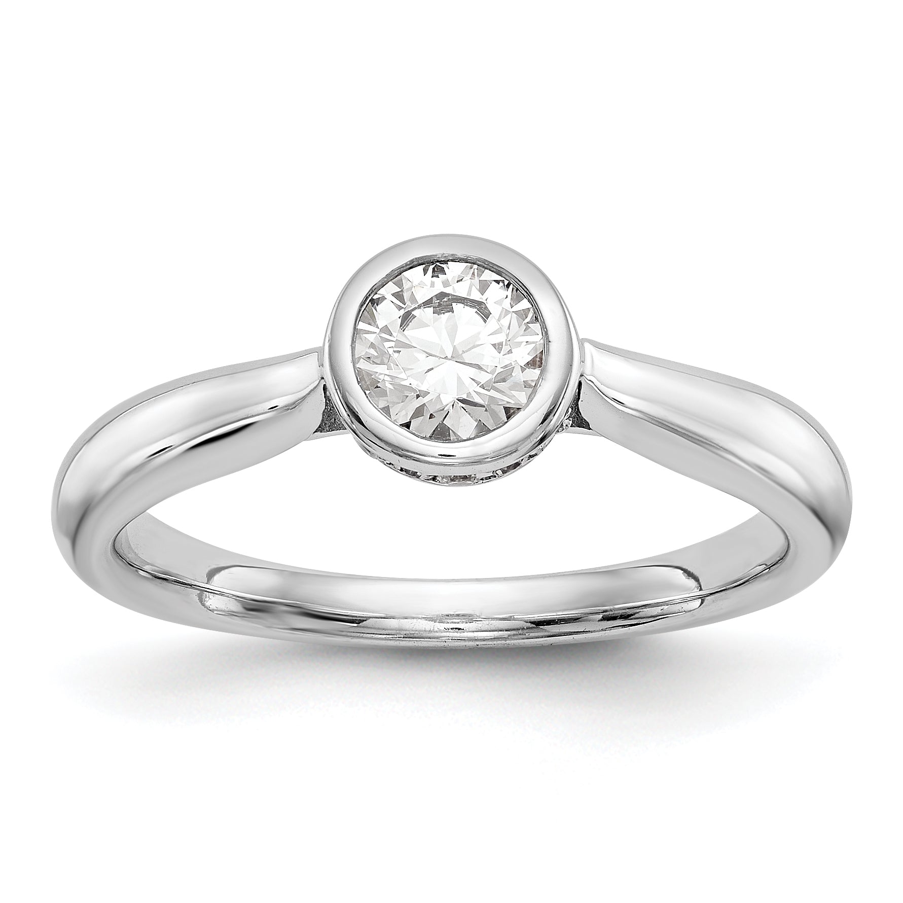 14k White Gold Round Bezel Set Simulated Diamond Engagement Ring