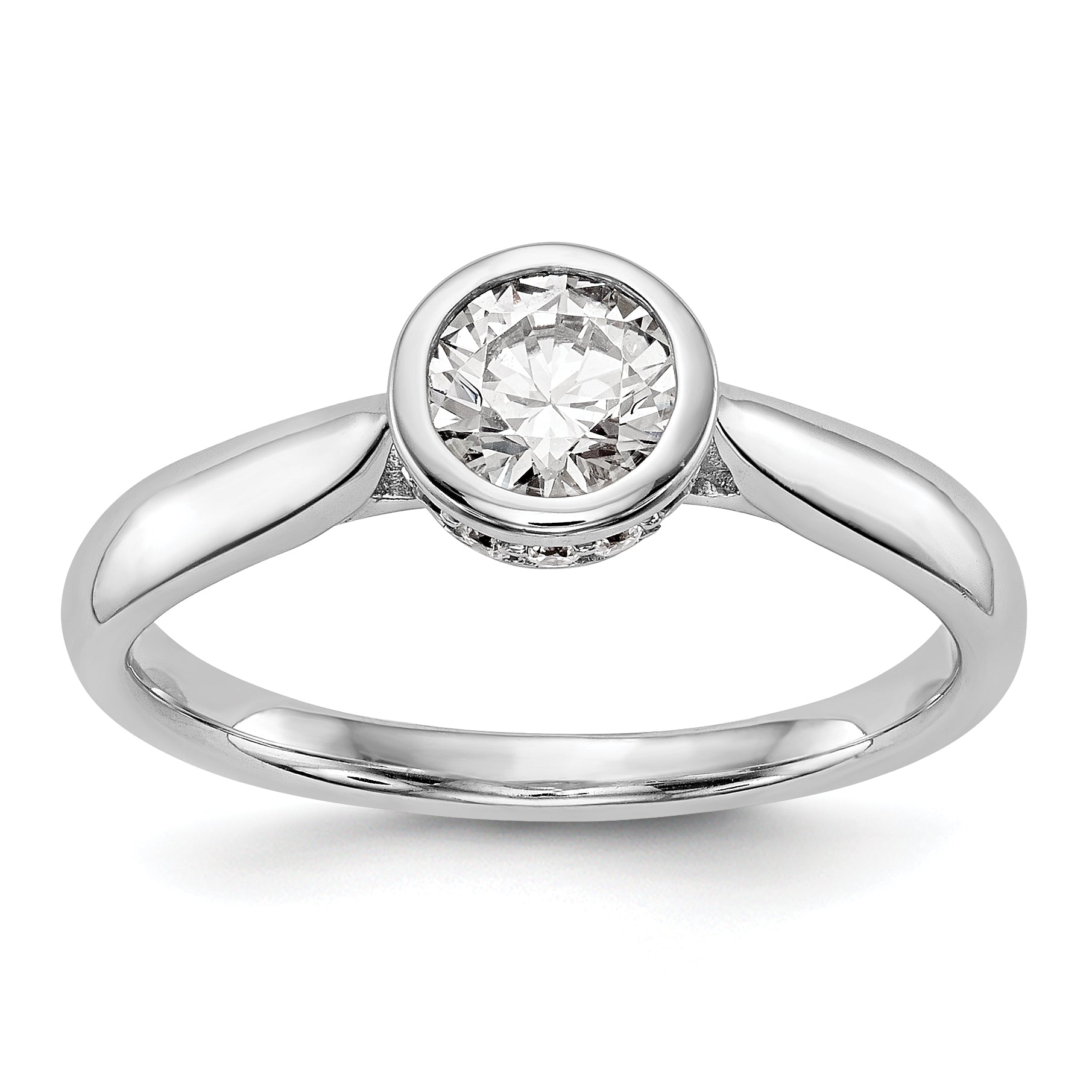 14k White Gold Round Bezel Set Simulated Diamond Engagement Ring