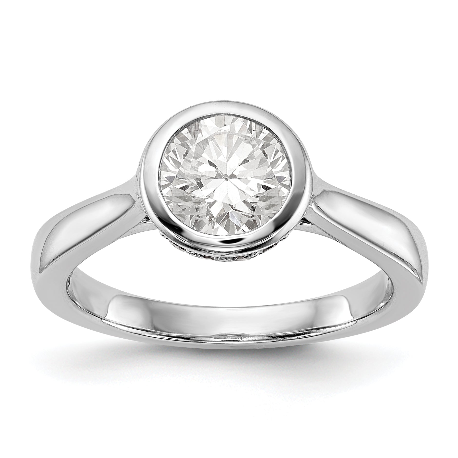 14k White Gold Round Bezel Set Simulated Diamond Engagement Ring