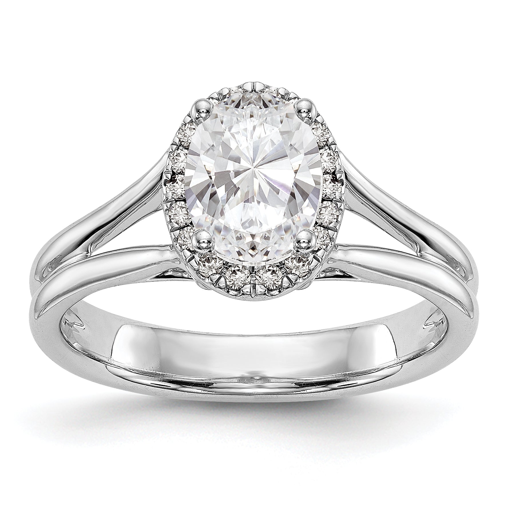 14k White Gold Halo Simulated Diamond Split Shank Engagement Ring