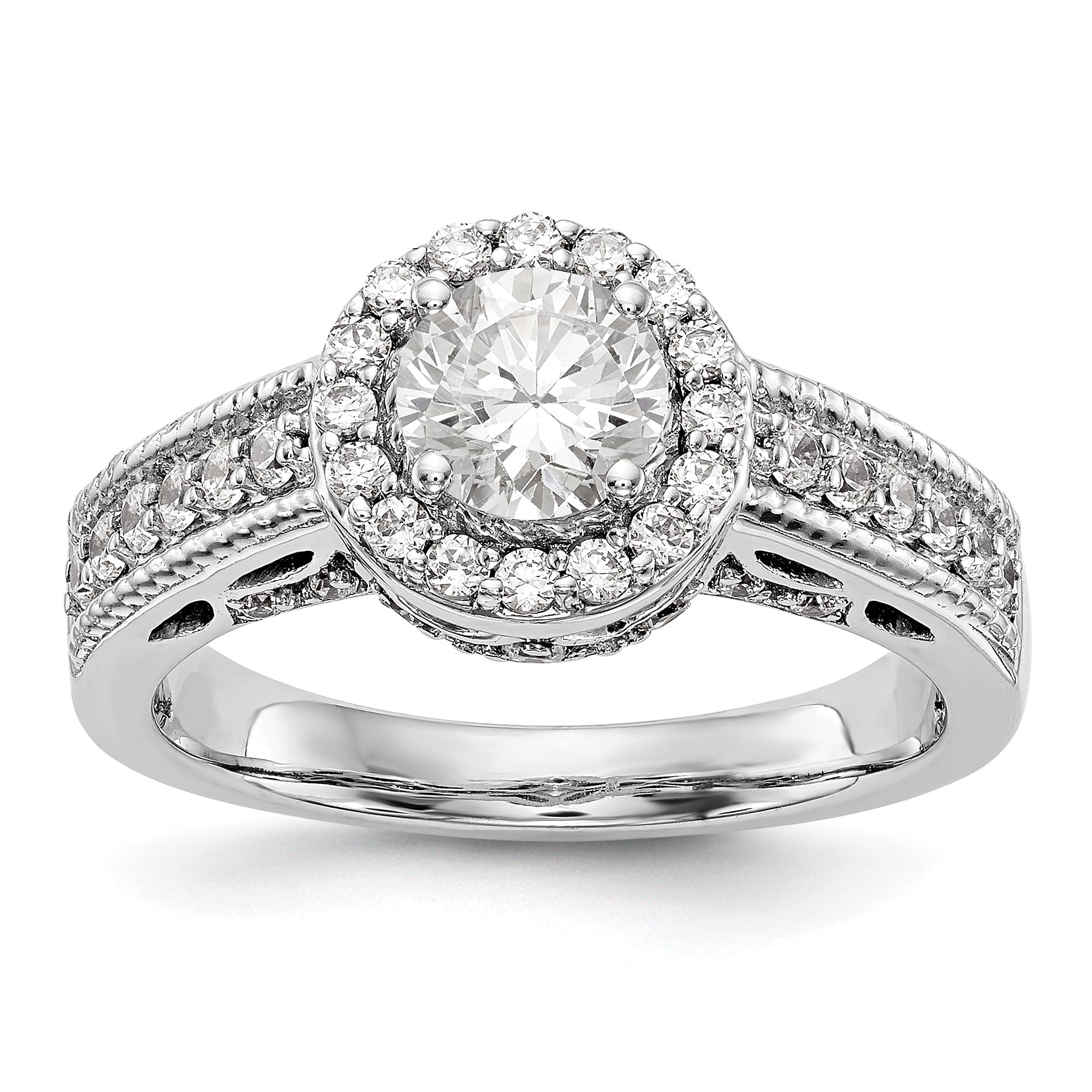 14K White Gold Round Simulated Diamond Halo Engagement Ring