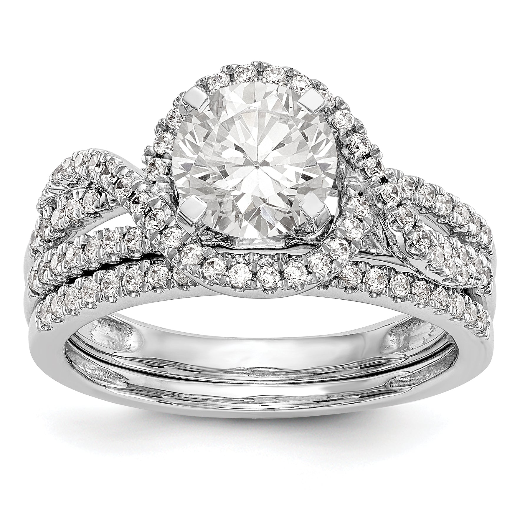 14K White Gold Peg Set Simulated Diamond Halo Engagement Ring