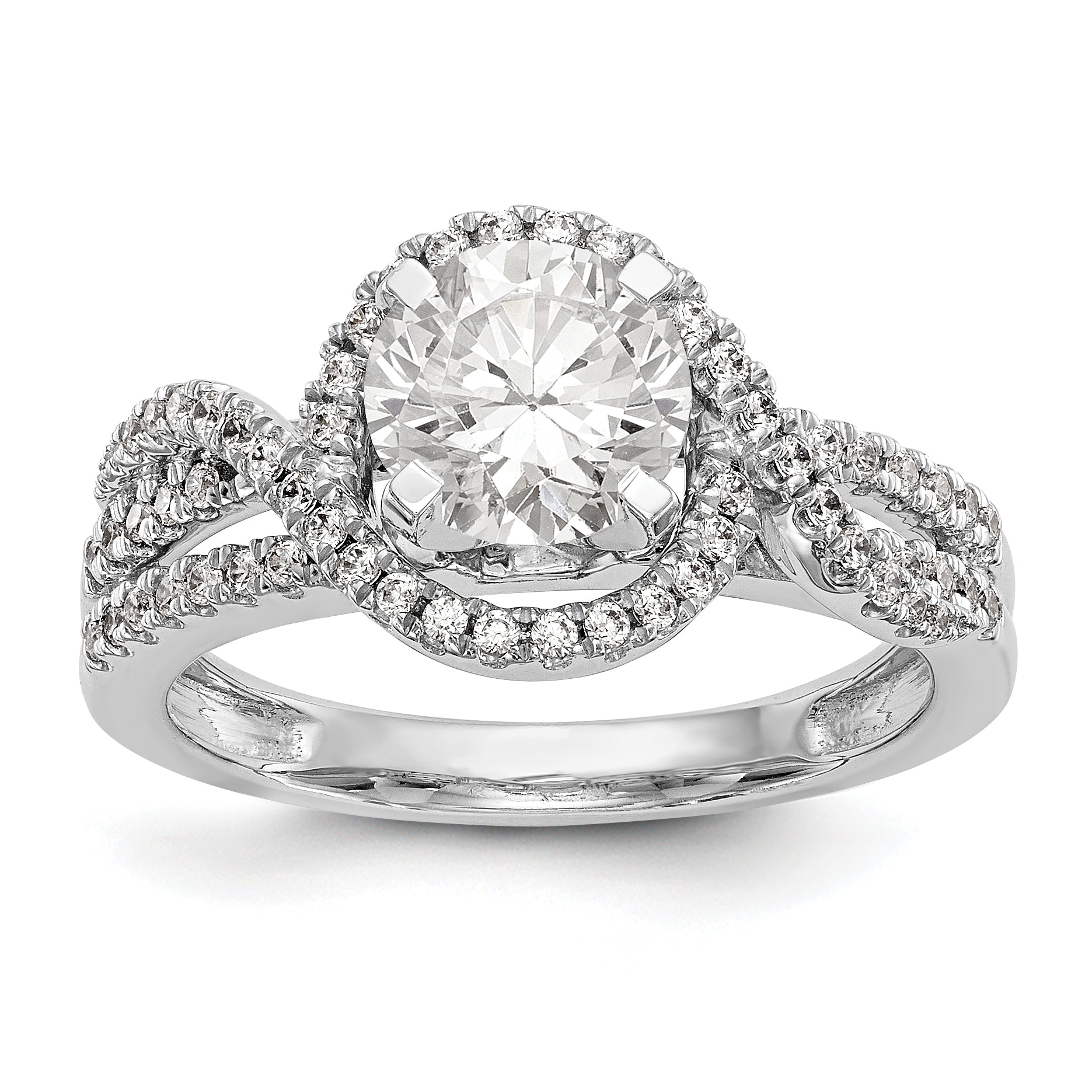 14K White Gold Peg Set Simulated Diamond Halo Engagement Ring
