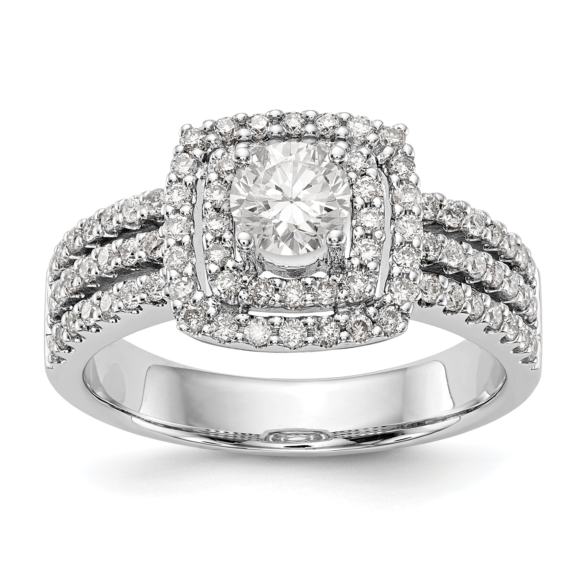 14K White Gold Round Simulated Diamond Cushion Halo Engagement Ring