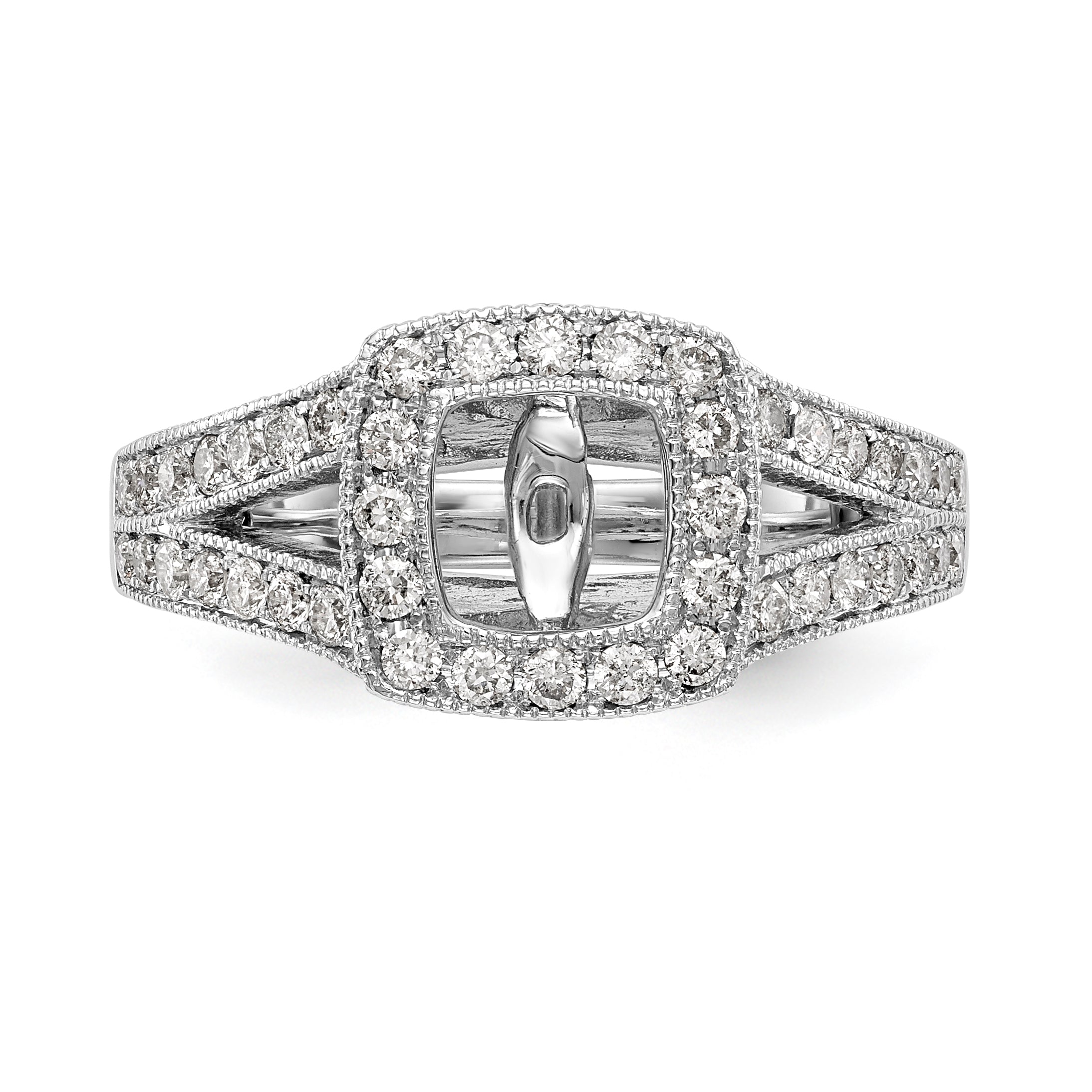 14K White Gold Peg Set Simulated Diamond Cushion Halo Engagement Ring