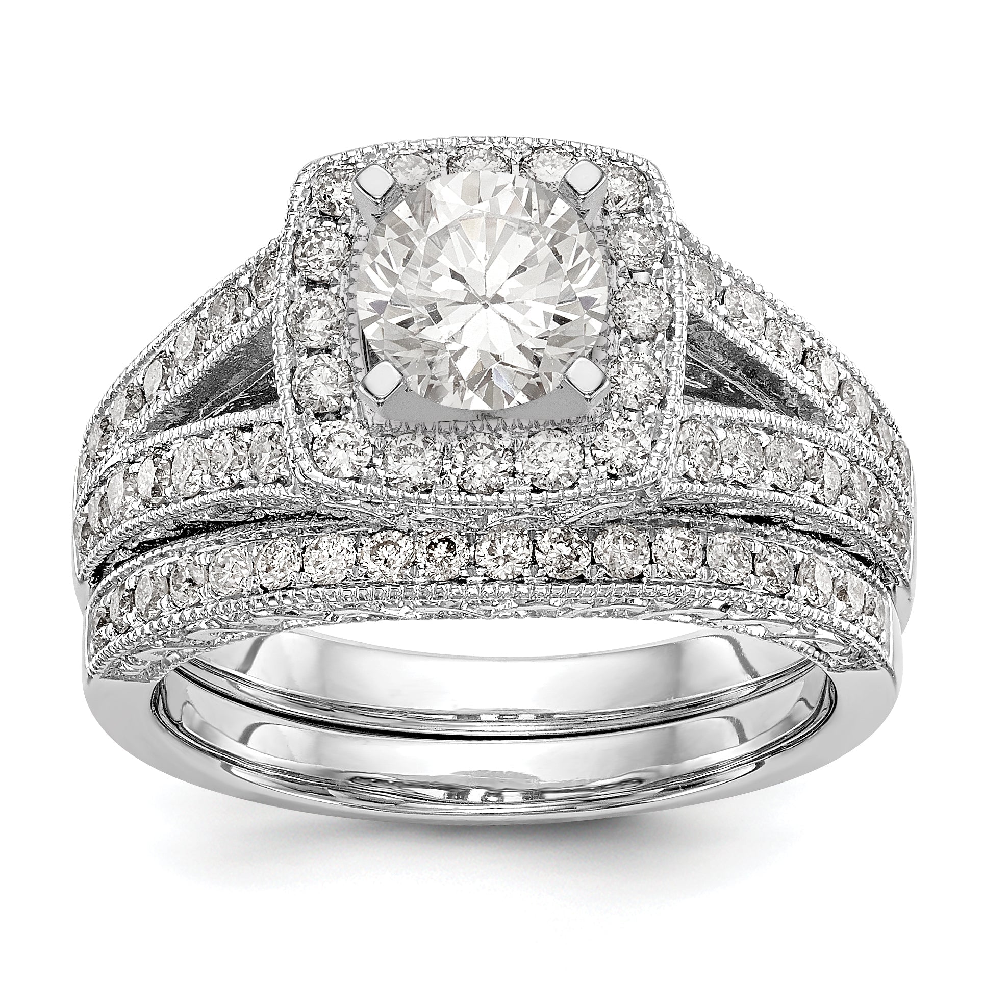 14K White Gold Peg Set Simulated Diamond Cushion Halo Engagement Ring