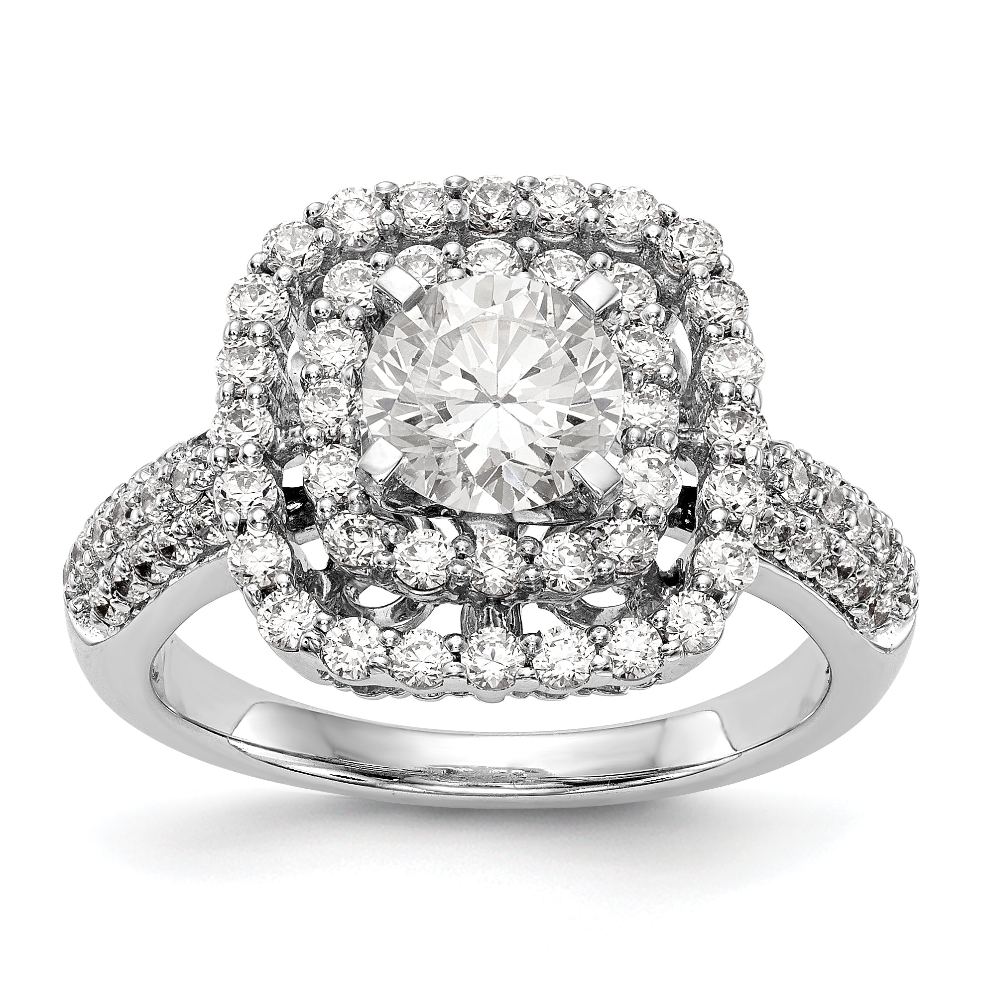 14kw Peg Set Simulated Diamond Double Cushion Halo Engagement Ring