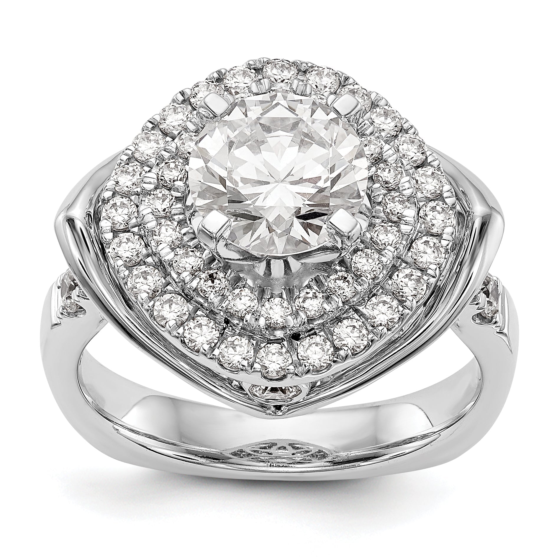 14kw Peg Set Simulated Diamond Fancy Double Halo Engagement Ring