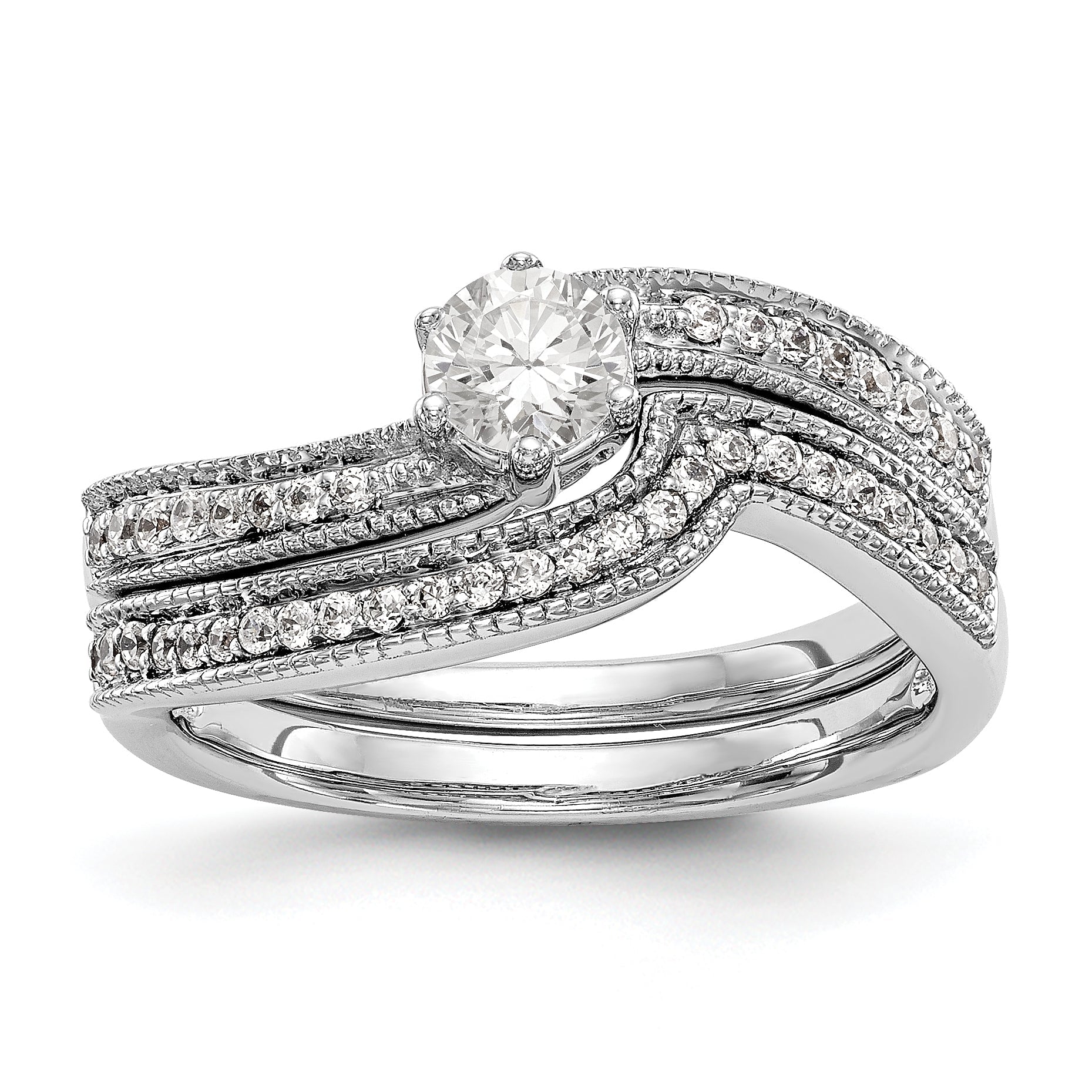14k White Gold Diamond Round CZ By Pass Engagement Ring