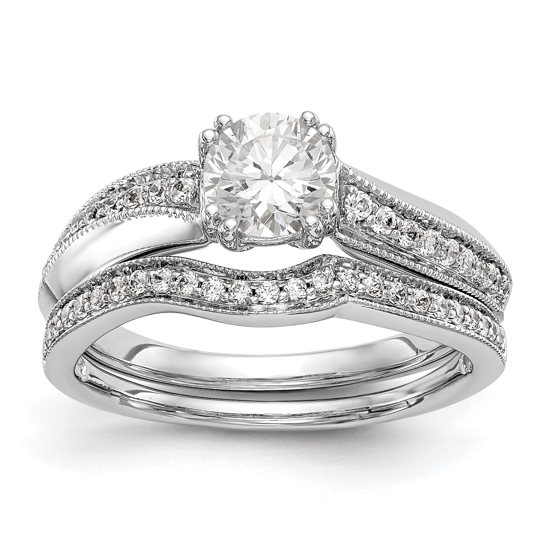 14k White Gold Diamond Round CZ By Pass Engagement Ring