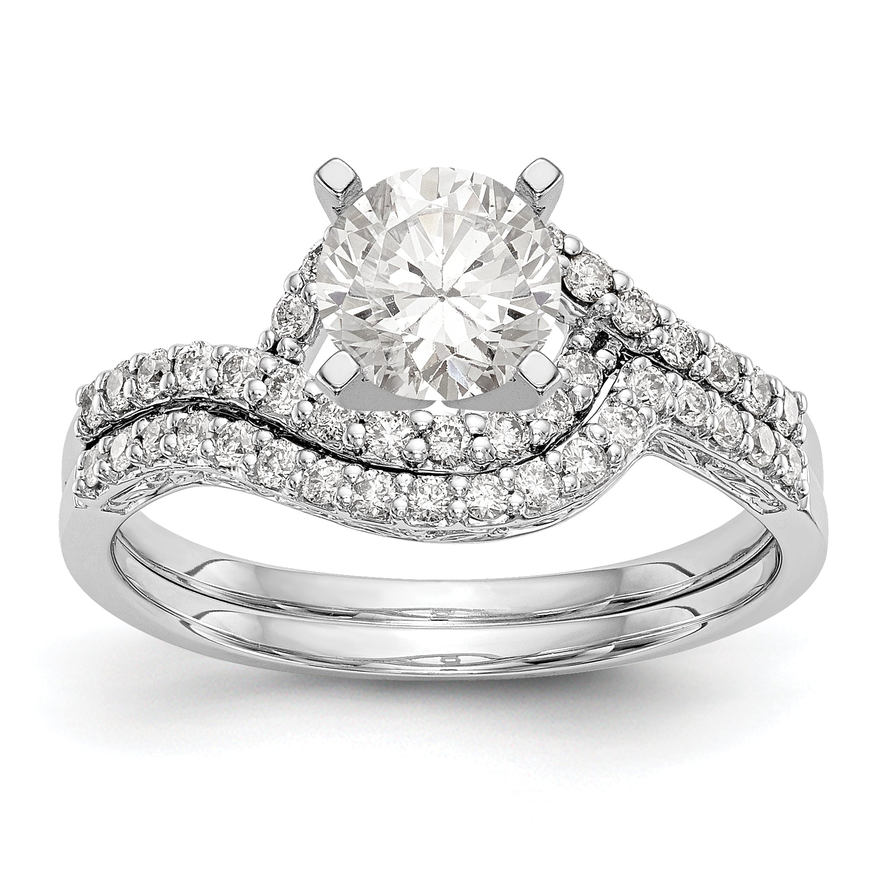 14k White Gold Peg Set Simulated Diamond By Pass Engagement Ring