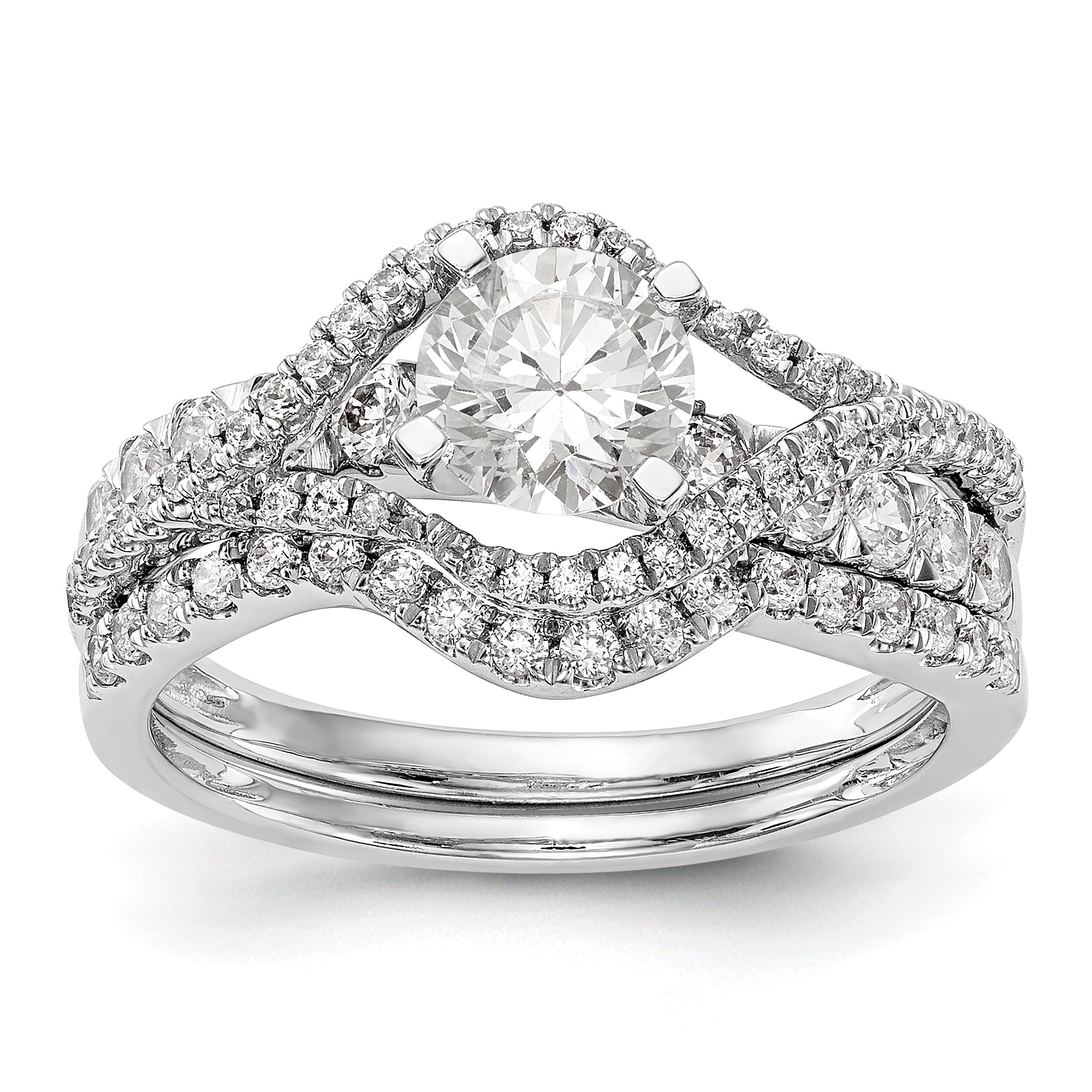 14k White Gold Peg Set Simulated Diamond By Pass Engagement Ring