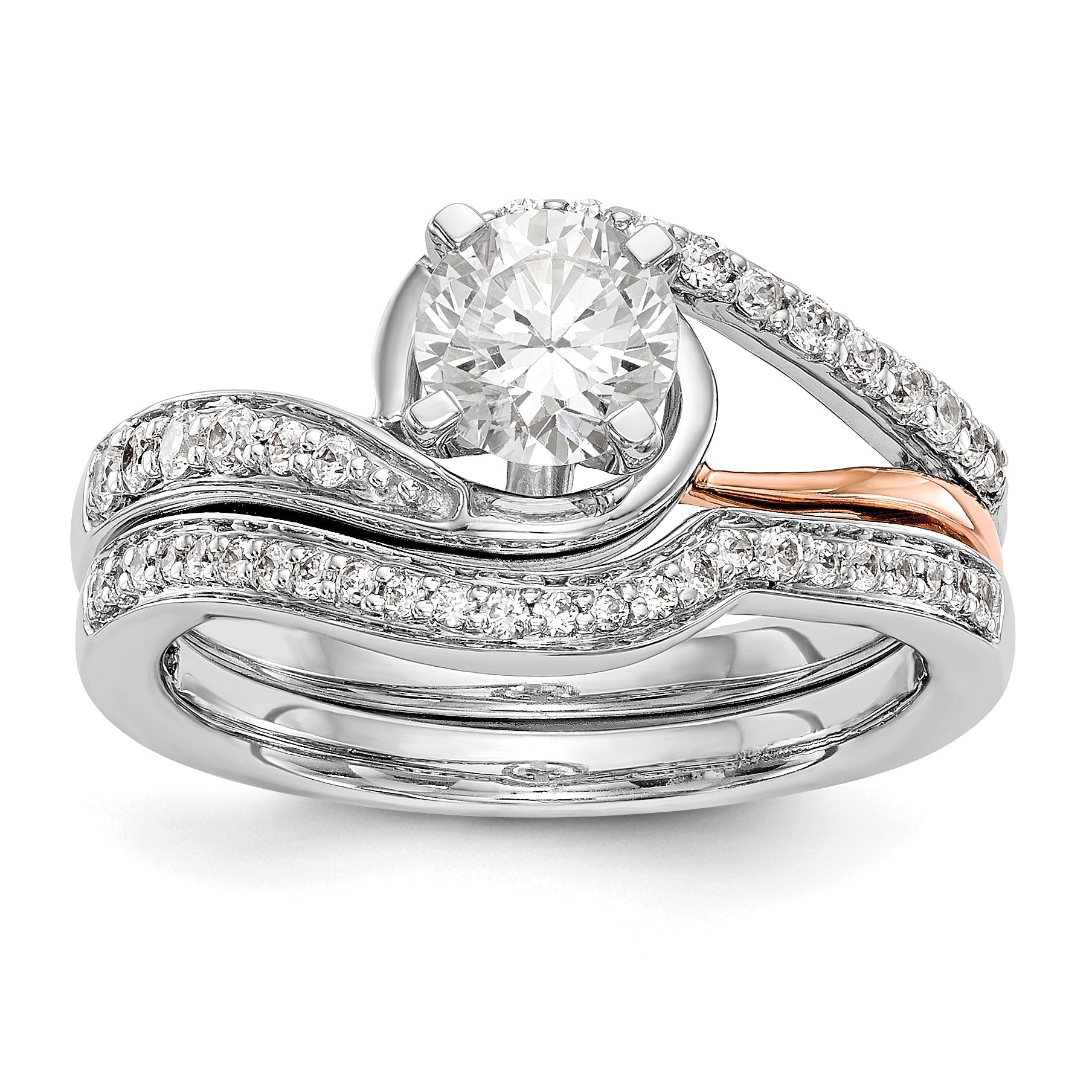 14k White Gold Peg Set Simulated Diamond By Pass Engagement Ring