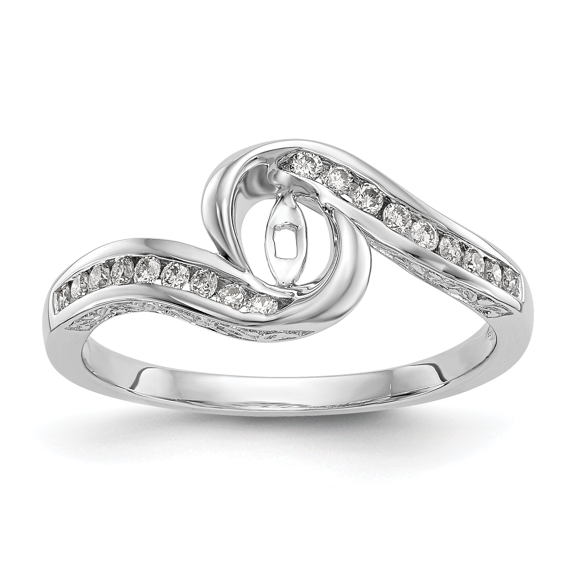 14k White Gold Peg Set Simulated Diamond By Pass Engagement Ring