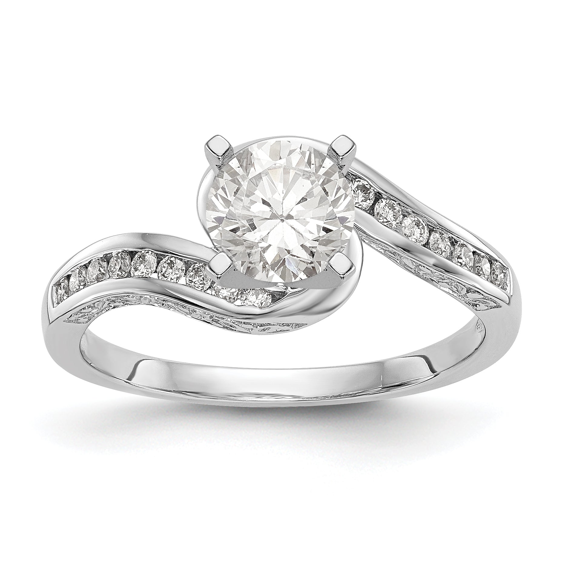 14k White Gold Peg Set Simulated Diamond By Pass Engagement Ring