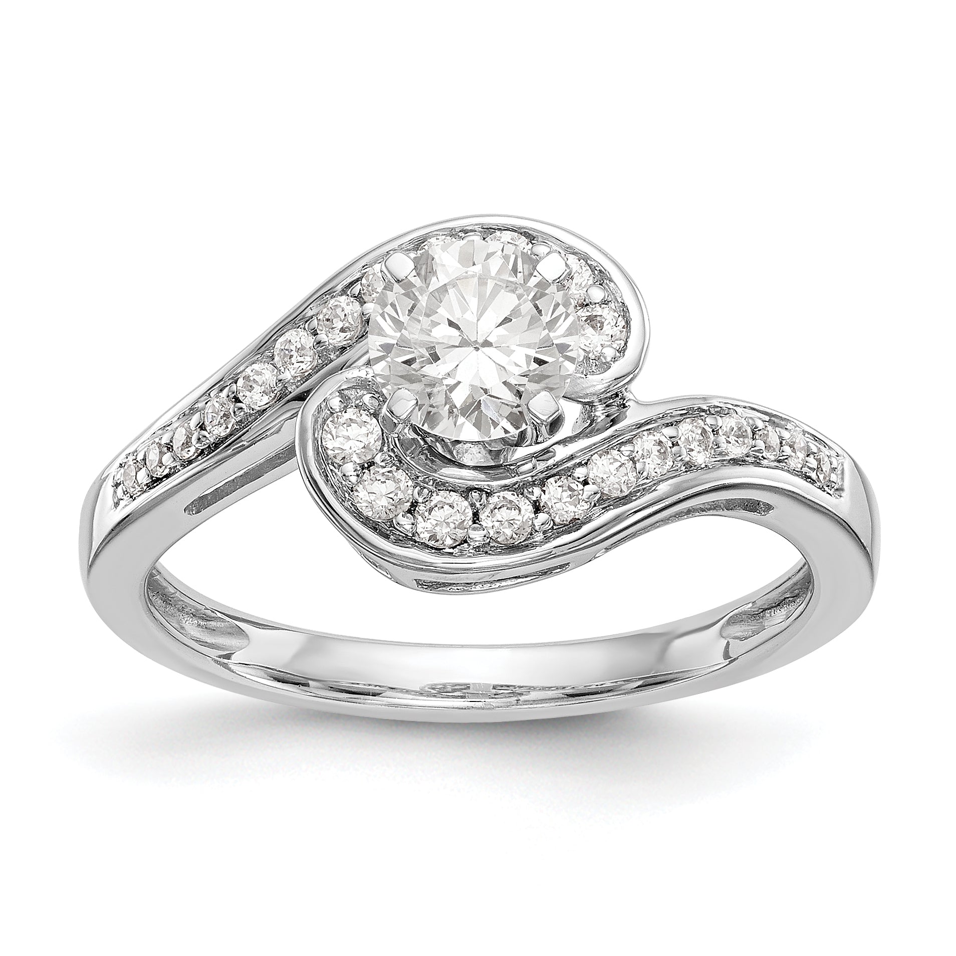 14k White Gold Peg Set Simulated Diamond By Pass Engagement Ring