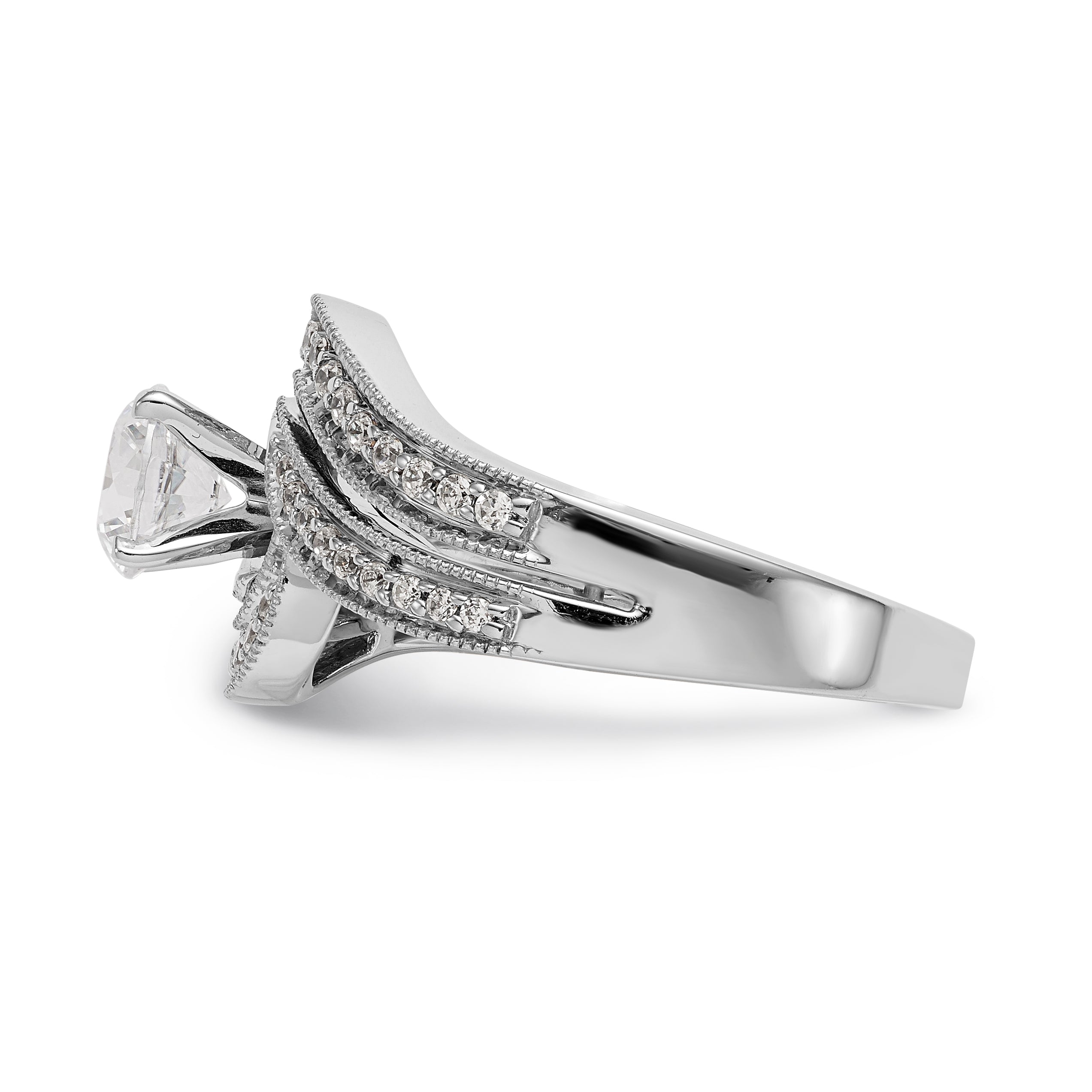 14k White Gold Peg Set Simulated Diamond By Pass Engagement Ring