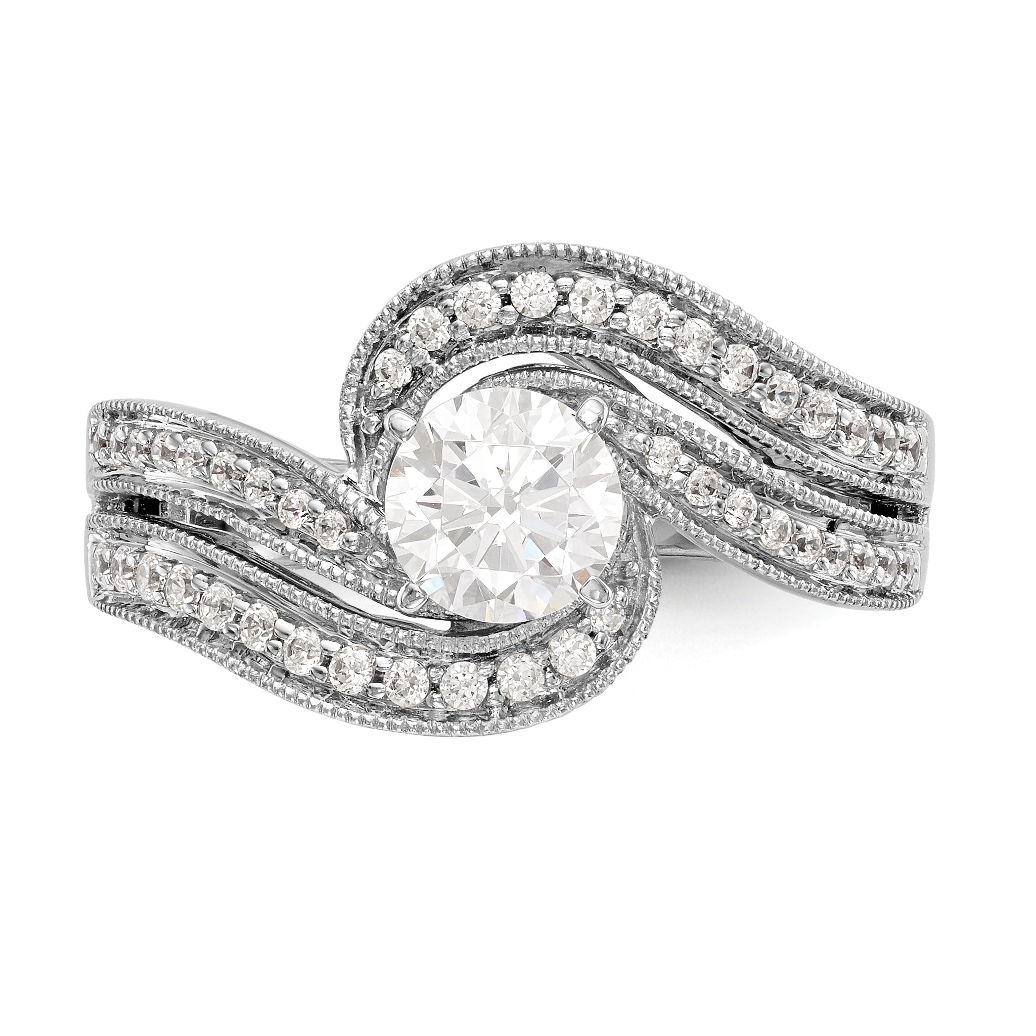 14k White Gold Peg Set Simulated Diamond By Pass Engagement Ring