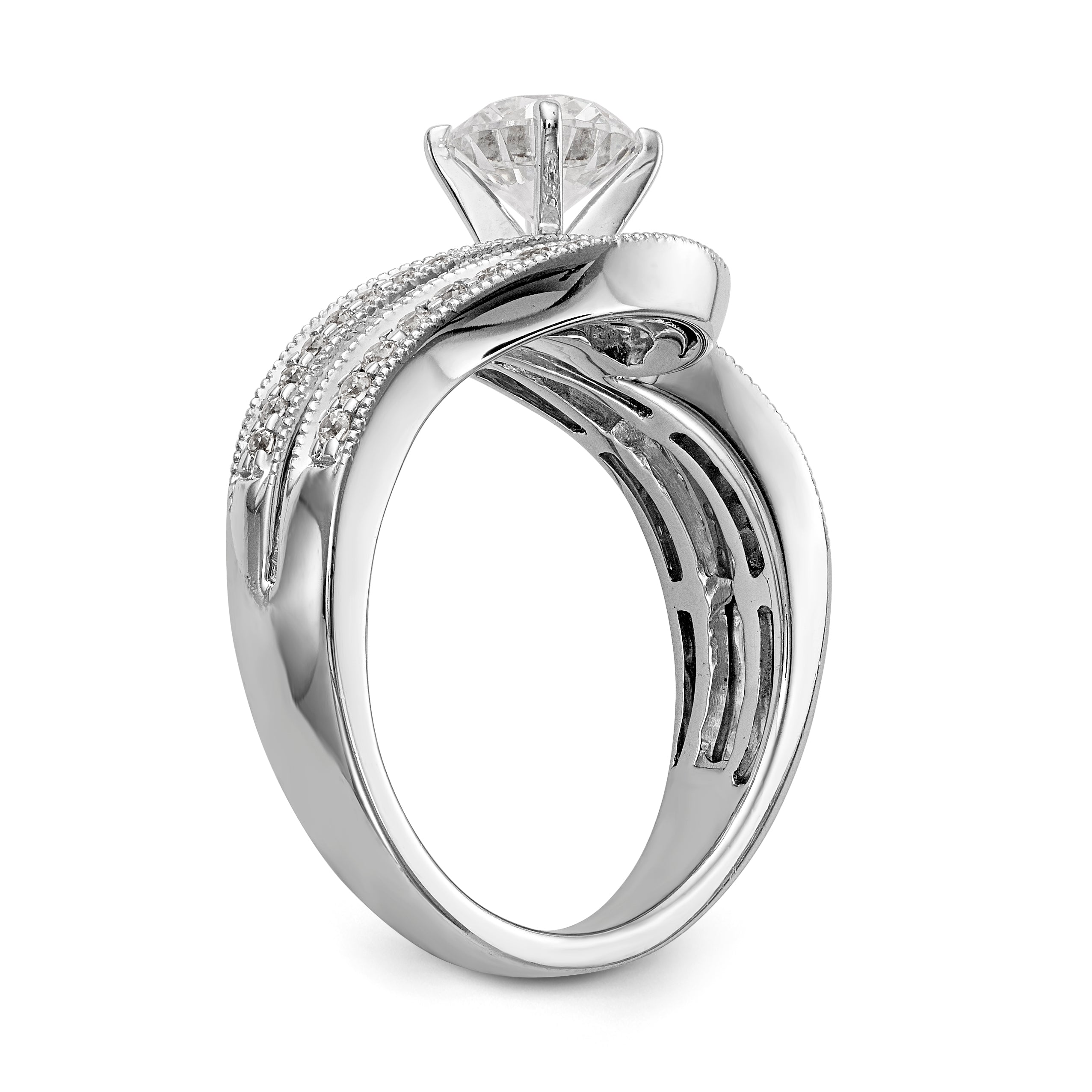 14k White Gold Peg Set Simulated Diamond By Pass Engagement Ring