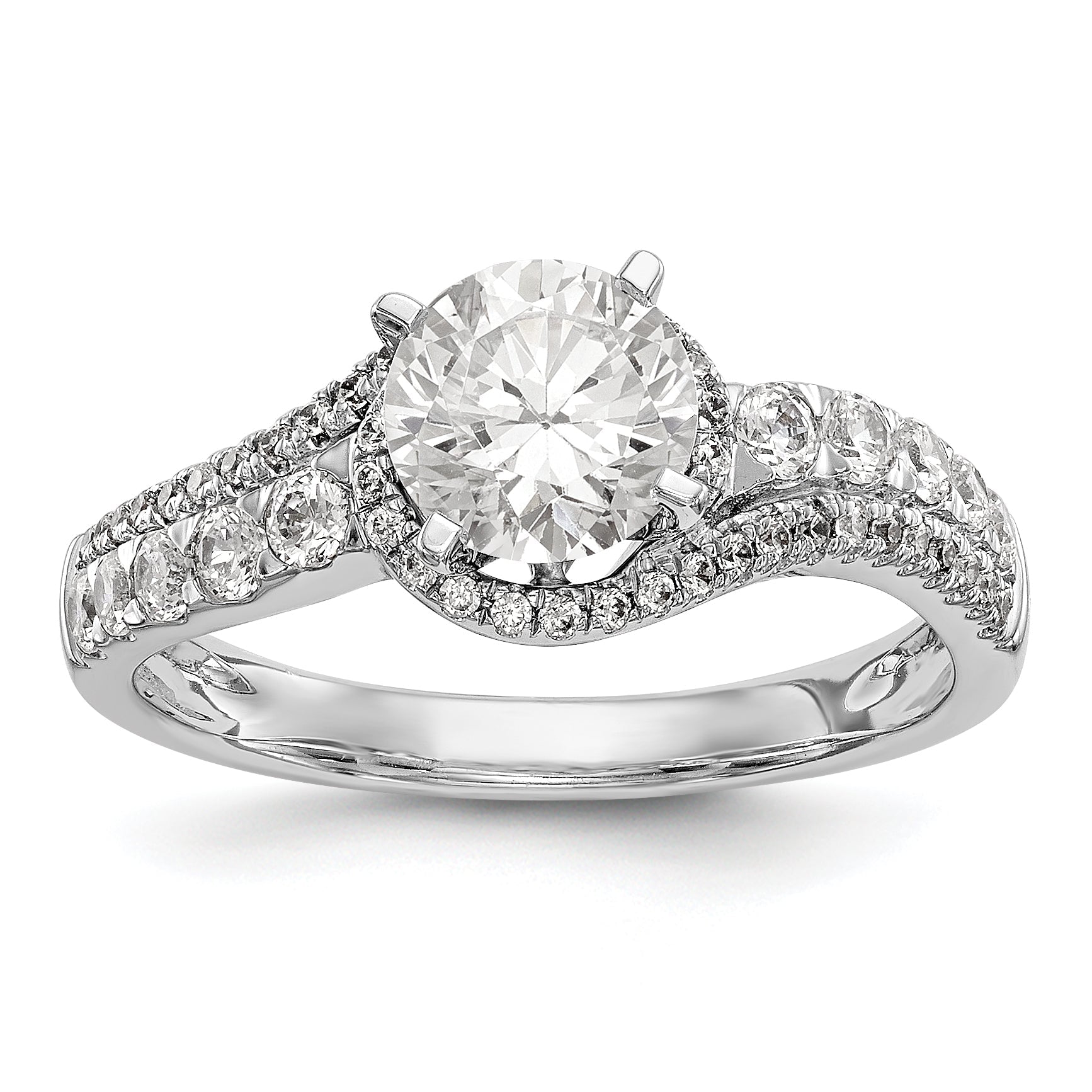 14k White Gold Peg Set Simulated Diamond By Pass Engagement Ring