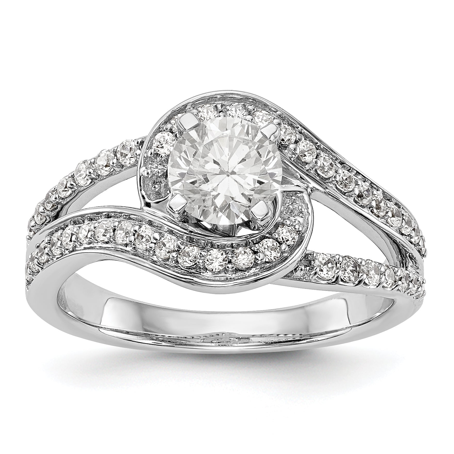 14k White Gold Peg Set Simulated Diamond By Pass Engagement Ring